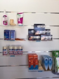 Shelf of foot ointment at podiatrist clinic